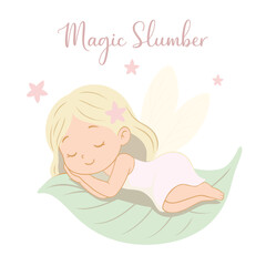 Cute cartoon illustration of a little sleeping fairy girl with blonde hair and wings, lying on a green leaf with pink stars – fantasy and children’s theme in pastel colors