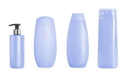 Blank bottles of personal care products isolated on white. Mockup for design