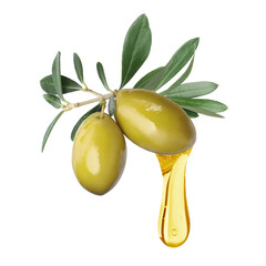 Olives with green leaves and oil drop on white background