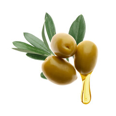 Olives with green leaves and oil drop on white background