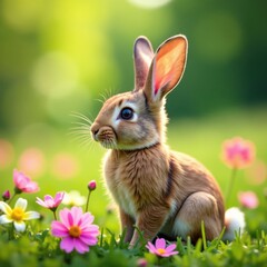 Bunny ears amidst colorful flowers in a field, easter eggs, grass