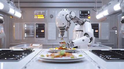 A robot chef preparing dishes in a smart kitchen, high-tech culinary space with digital control panels, Culinary innovation style