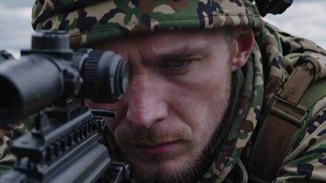 Focused marksman in battle gear prepares for action amidst a dramatic landscape