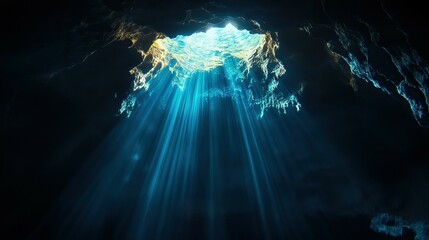 Mystical underwater cave with ethereal light and philosophical Chinese text overlay