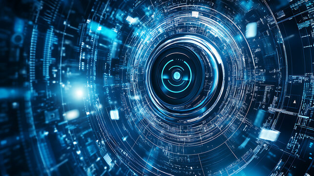 An AI powered system enhancing security camera monitoring by analyzing real time video feeds and motion detection, futuristic AI-driven security platform, Security technology style