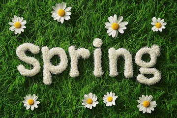 Spring spelled out on lush grass with Spring spelled out on lush grass with colorful spring flowers 