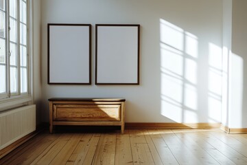 Obraz premium Empty frames on wall, sunlight, wooden furniture, interior design mock-up