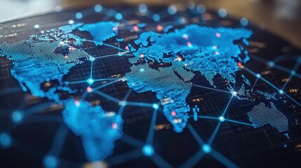 Global network depiction world map overlayed with blue lines and glowing points