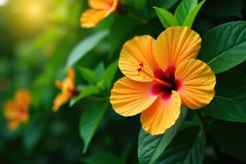 Fototapeta premium Bold tropical hibiscus blooms, vibrant orange and yellow, lush foliage, beauty, yellow hibiscus