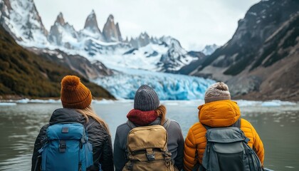 Eco-tourists admiring Grey Glacier in Patagonia on a sustainable excursion