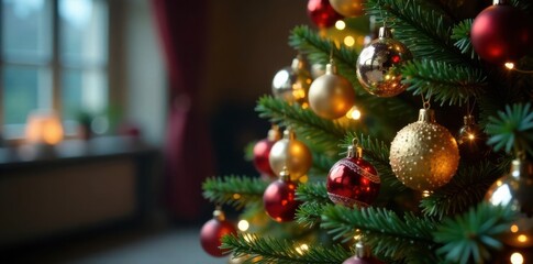 festive Christmas tree with ornaments and lights, gift wrapped presents, snow globe