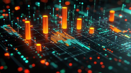 Glowing bars & data lines intersect, creating an abstract future visualization