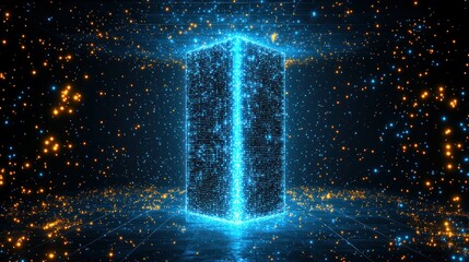 Glowing blue cube in digital space with orange particle effects