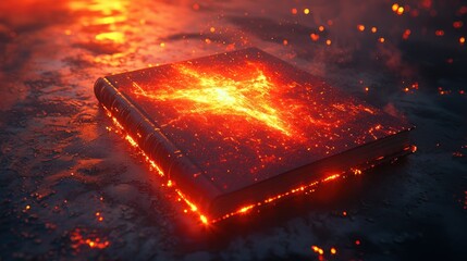 Glowing book radiating fiery energy on dark surface with scattered bright particles
