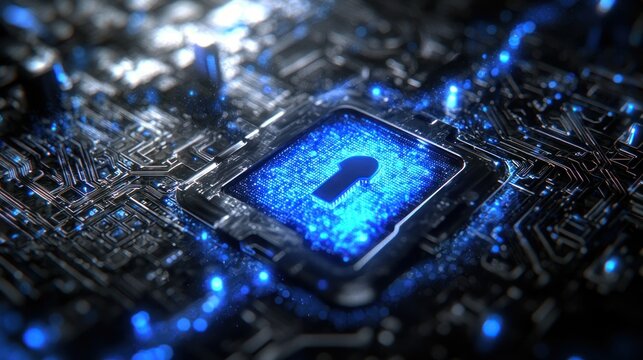 Glowing blue keyhole on integrated circuit; abstract tech security theme