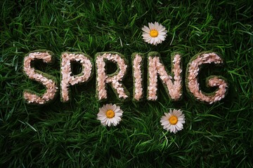 Spring spelled out on lush grass with colorful spring flowers, top vie