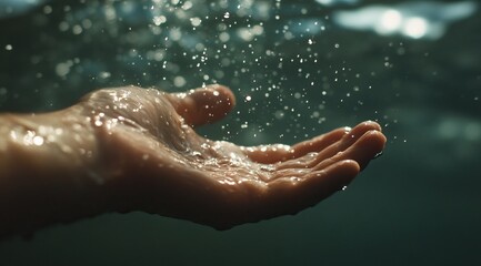 Fototapeta premium Glistening Hand Submerged in Water – Summer Vibes with Water Droplets