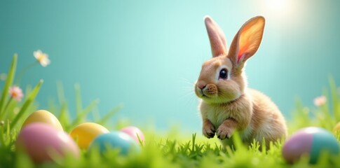 Hopping bunny ears surrounded by Easter eggs and lush grass , nature, bunny ears