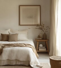 Beige bedroom interior with artwork and plants