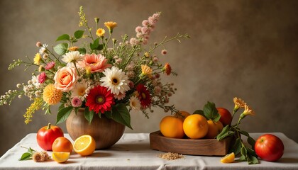 Vibrant Floral Arrangement With Fresh Fruits On Rustic Table Top