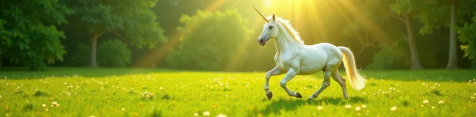 Obraz premium Majestic white unicorn stallion prances in a lush green meadow, its horn shining brightly under the sun , Stallion, White