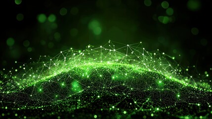Glowing green network of interconnected nodes over a dark backdrop