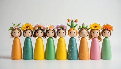 Wooden Flower Peg Dolls on White Background