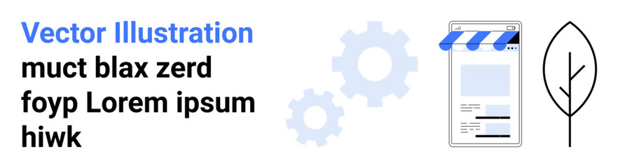 Smartphone storefront with striped awning, blue gears, text snippets, and leaf symbol. Ideal for technology, business, automation, online presence, environment innovation simple landing page