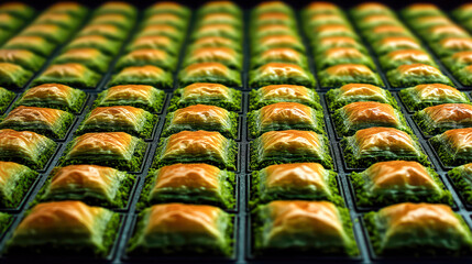 Collection of traditional Middle Eastern and Turkish baklava desserts in various shapes and colors, beautifully arranged on plates and trays, perfect for food and culture themes