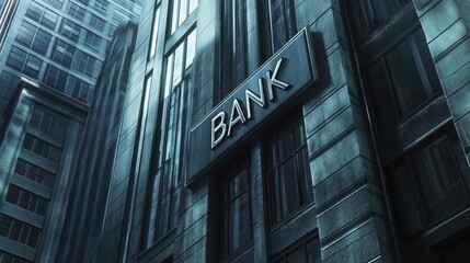 A modern, gray-toned cityscape featuring a bank sign BANK