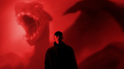 Emotionless man stares at camera with ominous monster silhouette behind in bold red color scheme