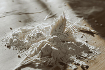 Pile of Flour Shaped Like an Ear of Wheat on Wooden Surface