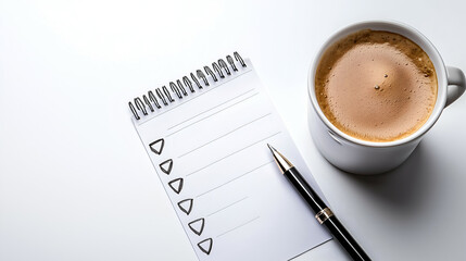 Morning Productivity: Notepad, Coffee, and Pen for Effective Workspace Setup and Task Management