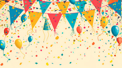 Festive Celebration Background: Colorful Balloons, Bunting, and Confetti