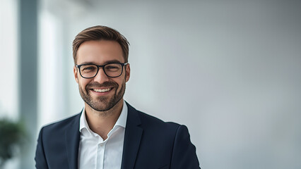 Porträt eines lächelnden Geschäftsmannes mit Brille und Bart im dunklen Anzug mit weißem Hemd vor hellem Hintergrund