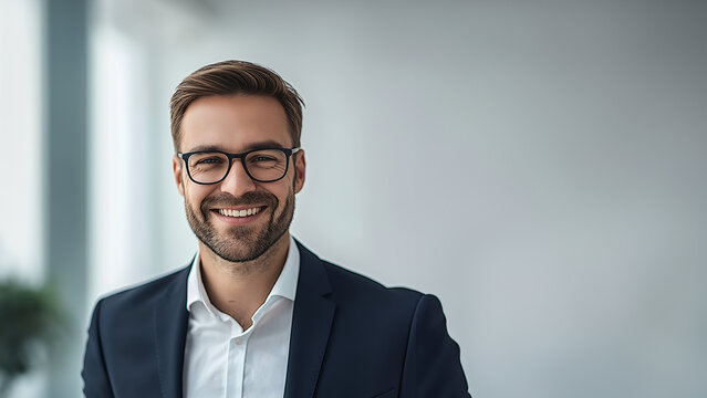 Portr&auml;t eines l&auml;chelnden Gesch&auml;ftsmannes mit Brille und Bart im dunklen Anzug mit wei&szlig;em Hemd vor hellem Hintergrund