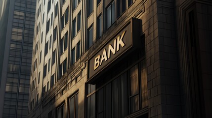 Obraz premium A modern, gray-toned cityscape featuring a bank sign BANK