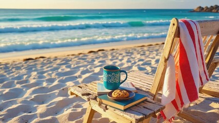 Fototapeta premium Beach relaxation with coffee, cookie, and a good book