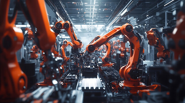 A robotic assembly line, factory floor with robotic arms assembling products, Industrial-tech style