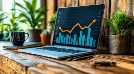 Modern laptop displaying financial growth graph on wooden desk  