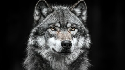 Fototapeta premium Gray wolf headshot, captivating eyes and fur detail, against a black background