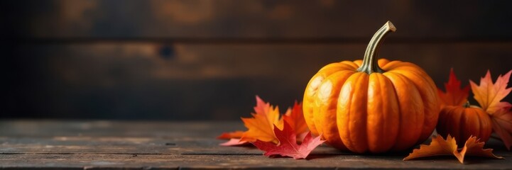 Warmly lit pumpkin on a wooden table amidst fall foliage against a dark wooden background, nature, thanksgiving