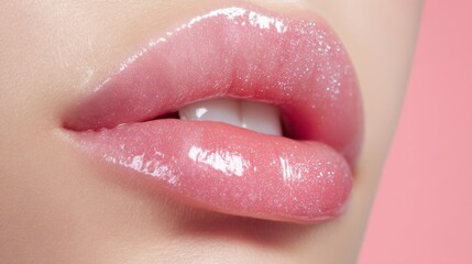 Naklejka premium Close up of shiny pink pearl lips with glittery gloss on soft pastel background and healthy skin