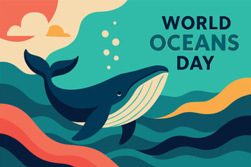 Obraz premium World oceans day celebration with vibrant whale illustration for environmental awareness