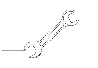 Minimalist continuous line drawing of a classic open-ended wrench with curved shape and functional grip design

