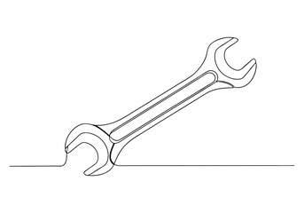 Minimalist continuous line drawing of a classic open-ended wrench with curved shape and functional grip design

