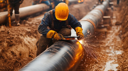 engineers at work, industrial inspection, factory inspection, pipe construction, welding sparks, digital tools, smart engineering, heavy equipment, pipeline engineers, oil and gas
