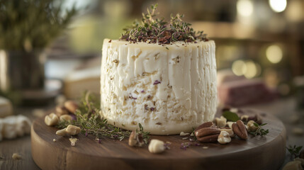 A close-up of a large wheel of fresh goat cheese with a creamy texture and rustic appeal, placed on a wooden board, surrounded by herbs and nuts. A perfect gourmet dairy product fo