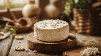 A rustic wheel of aged goat cheese with a crumbly texture, placed on a wooden table with natural light highlighting its rich flavors. Perfect for gourmet cheese boards, wine pairin