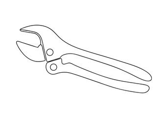 Minimalist continuous line drawing of a classic open-ended wrench with curved shape and functional grip design

